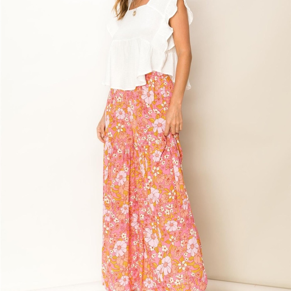 Hyfve Retro 70s Pink Floral Wide Leg Palazzo Pants - Size L